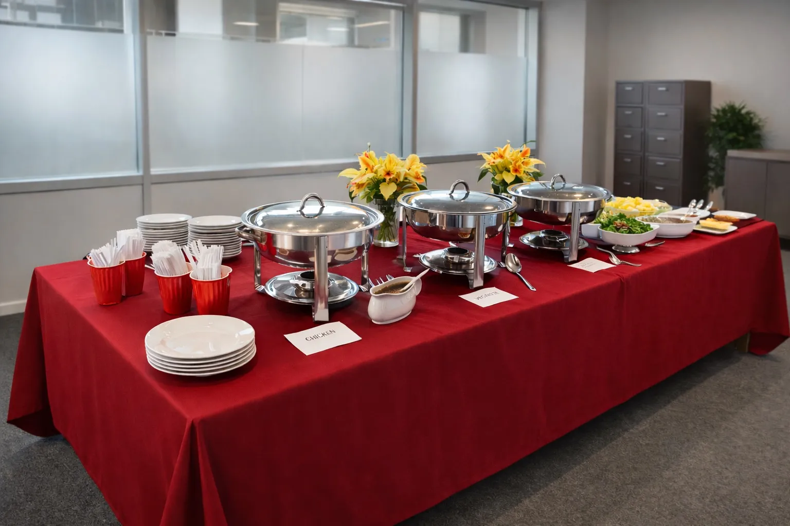 Full-service corporate buffet on a red-clothed table with polished chafing dishes, stacked plates, utensils, fresh flower arrangement, and labeled food stations in a modern office setting