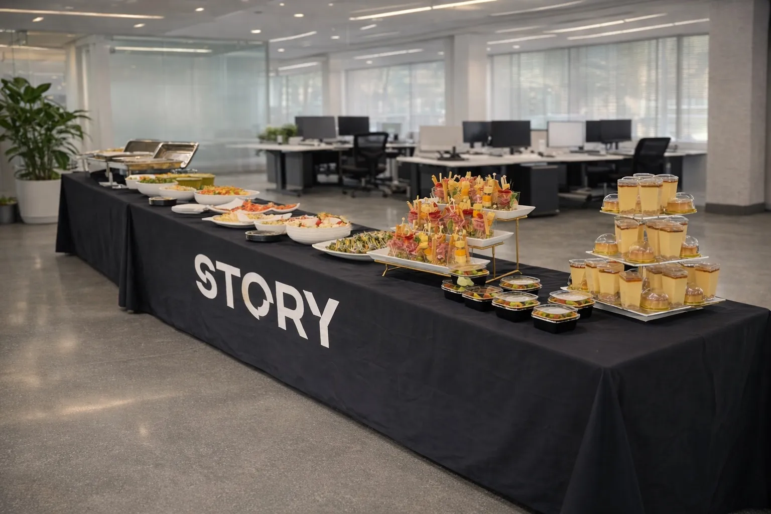 Corporate catering spread on a long black-clothed table branded with the STORY logo in a modern office, featuring chafing dishes, fruit skewers, appetizer trays, and tiered dessert cups